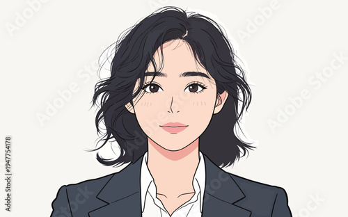 A young woman stands with short black hair in a suit and white shirt. She looks towards the viewer with a neutral expression.