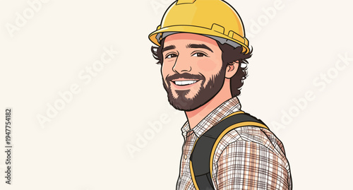 A man smiles while wearing a hard hat and a plaid shirt. He carries a backpack and stands in a well-lit area.