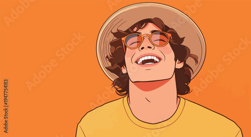 Young person with curly hair smiles widely while wearing sunglasses and a hat, standing in front of an orange backdrop.