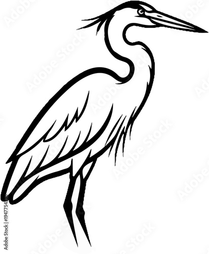 Stylized black ink drawing of a standing heron with sharp beak and feathers