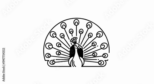 Stylized black line drawing of a peacock with fanned tail feathers