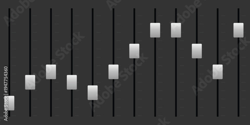 A graphic representation of sound levels on a mixing board with sliders and faders