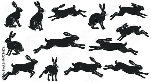 Collection of black rabbit silhouettes in various poses, including running, sitting, and jumping, on a white background.