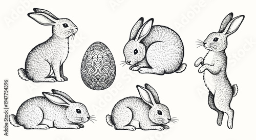 Collection of Easter bunnies and a decorated egg in a hand-drawn style.
