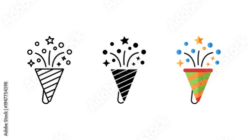 Colorful confetti party poppers exploding with stars and dots vector illustration flat design