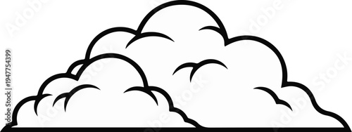 Stylized black line drawing of cumulus clouds with small birds in flight