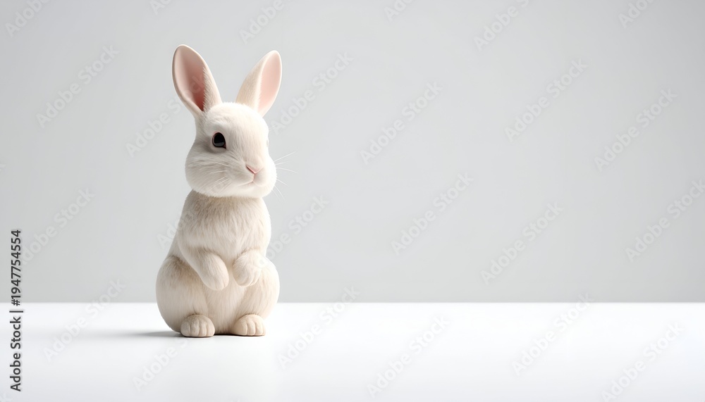 Fototapeta premium A white rabbit figurine sits upright on a white surface against a light gray backdrop