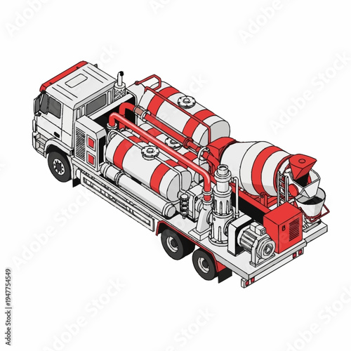 Illustration of a specialized concrete mixer truck with dual tanks and advanced pumping system.