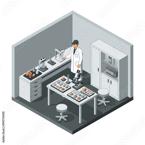 Scientist examining samples in a laboratory with microscopes and equipment, illustrating scientific research and analysis.