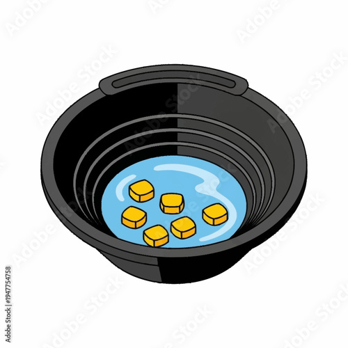 A black gold panning pan filled with water and several gold nuggets.