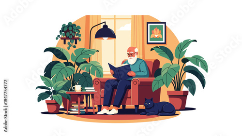 Cozy indoor scene of a senior man sitting in a comfortable armchair reading a book surrounded by lush houseplants and his pet cat.