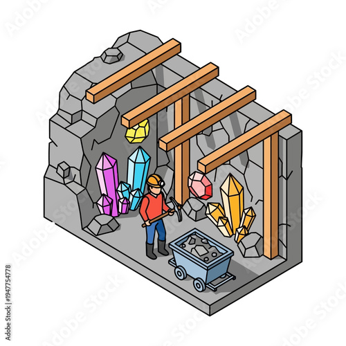 Isometric illustration of a miner extracting colorful crystals from a mine shaft supported by wooden beams, with a cart full of ore.