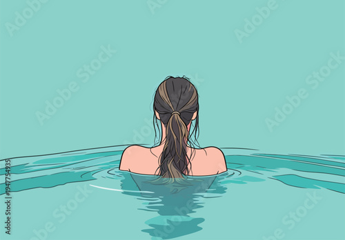 A woman is swimming in clear water, facing away from the viewer. The background is a solid light color, creating a simple scene.