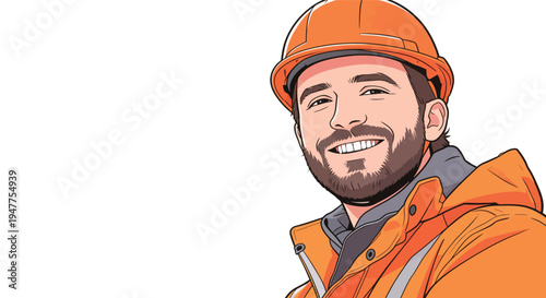 A worker stands with a smile, wearing an orange helmet and jacket, showing pride in the work on a construction site during daylight.