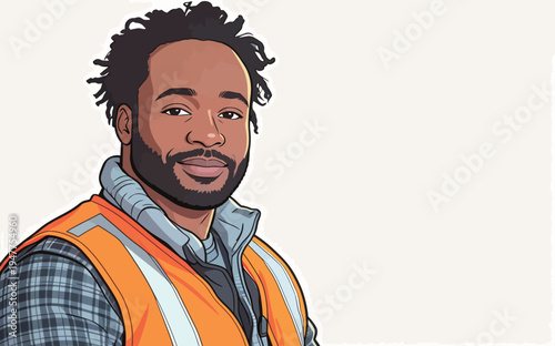 A worker stands confidently wearing a safety vest and a checkered shirt. He smiles directly at the viewer in a simple setting.
