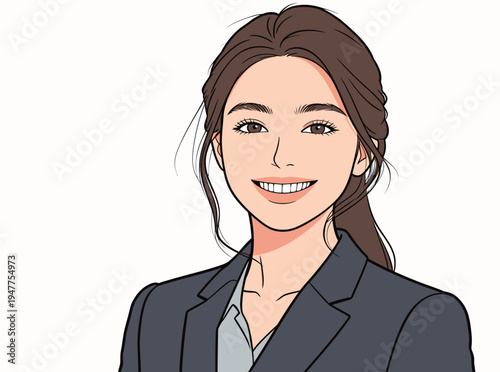A woman wearing a suit smiles while looking directly at the viewer in a clean, simple backdrop. She appears confident and ready for work.