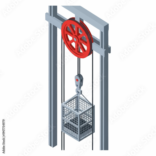 Industrial pulley system with metal cage.