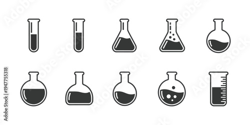 Laboratory Icons, Including Flasks, Test Tubes, and Beakers Ideal for Scientific Illustrations, Chemistry Experiments, Education Materials, and Digital Design Applications.
