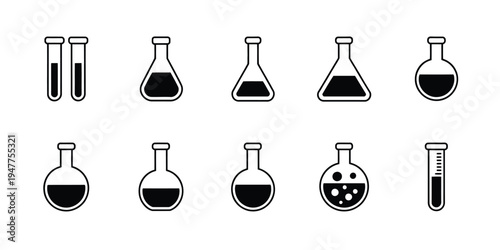  Laboratory Glassware Icon Set, Featuring Flasks, Test Tubes, and Beakers Perfect for Science, Chemistry, Laboratory, Educational, and Creative Design Projects.