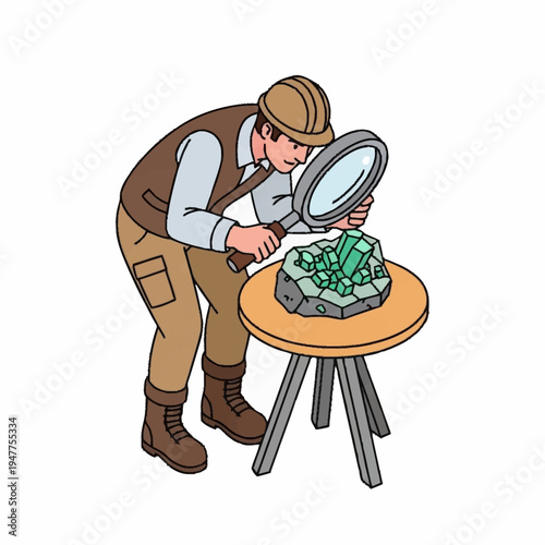 A geologist wearing a hard hat examines a cluster of green crystals on a rock with a magnifying glass.