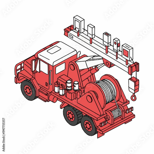Isometric illustration of a red truck-mounted crane with a winch and lifting mechanism, showcasing industrial machinery.