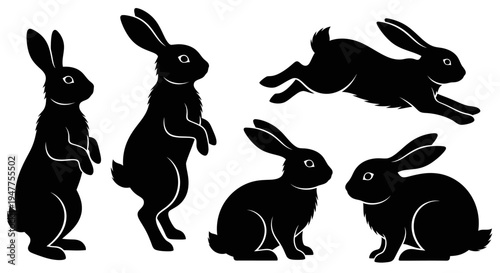 Collection of black rabbit silhouettes in various poses on a white background.