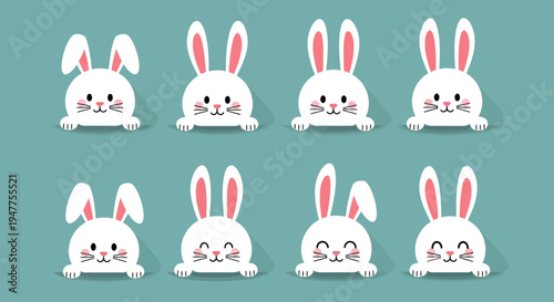 Cute Easter Bunnies with Various Expressions Peeking Over a Surface.