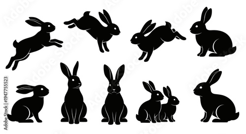 Collection of black rabbit silhouettes in various poses, including jumping, running, and sitting.