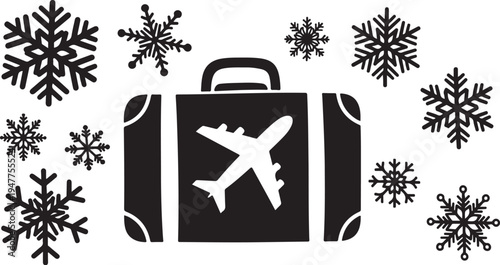 Travel and winter vacation concept with suitcase and snowflakes
