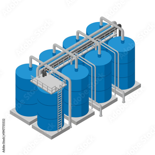 Canvas Print Isometric illustration of a large industrial complex featuring multiple interconnected blue storage silos with piping and access platforms