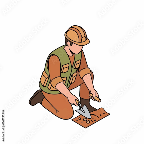 An archaeologist wearing a hard hat and vest carefully excavates artifacts from the ground with a trowel.