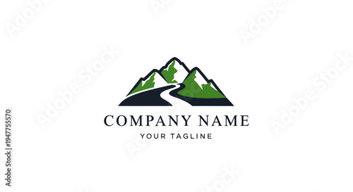 Company logo with mountain range and road.