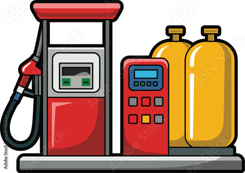 Modern gas station fuel pump with digital payment terminal and propane LPG cylinders, colorful vector illustration of petrol refueling equipment for automotive energy service concept