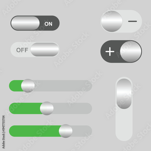 A collection of modern UI controls including toggle switches and sliders on a gray background