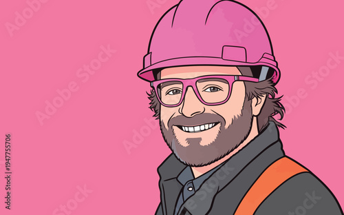 A worker smiles while wearing a pink hard hat and glasses against a bright pink background. He looks friendly and approachable.