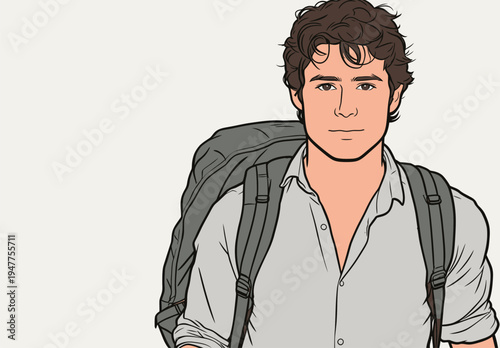 A man stands in a simple setting with a backpack. He looks ready for an adventure during the day. He has short hair and wears a light shirt.