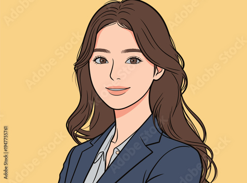 A woman stands against a yellow background with light brown hair and a suit, smiling. She appears confident and professional.