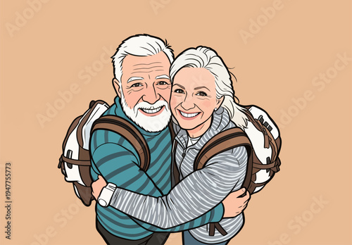 Couple with gray hair and backpacks smiles happily while embracing each other in a light setting during the day.