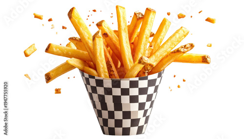 Delicious Golden French Fries In A Checkered Paper Cone With A Transparent Background