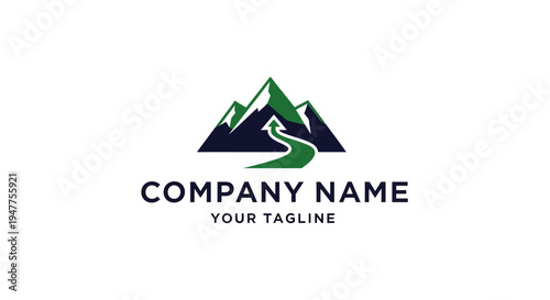 Company logo with mountain and river graphic.