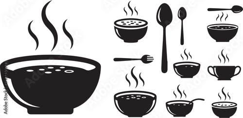 Black and white steaming bowls of soup illustration set