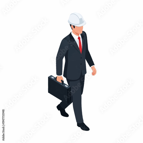 Isometric illustration of a businessman wearing a hard hat and carrying a briefcase, walking forward.