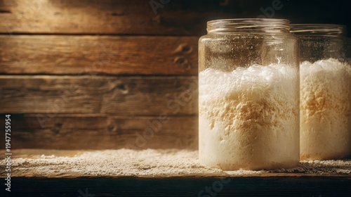 A vigorous sourdough starter in a glass jar, actively fermenting with bubbles, set against a rustic wooden background for baking.