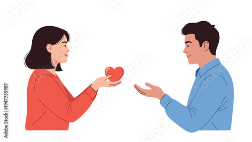 Gentle woman handing a small red heart to a man as a gesture of love and emotional support in a simple and clean vector illustration.