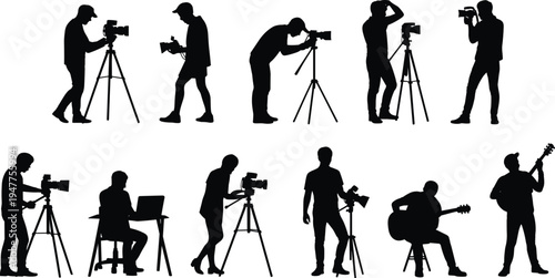 Professional photographer and videographer silhouettes collection with camera, tripod and studio equipment, creative media production team icons set, filmmaking, content creation, photography 