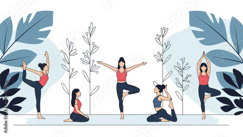 Group of diverse women practicing various yoga poses together in a peaceful studio decorated with large green plants for wellness.