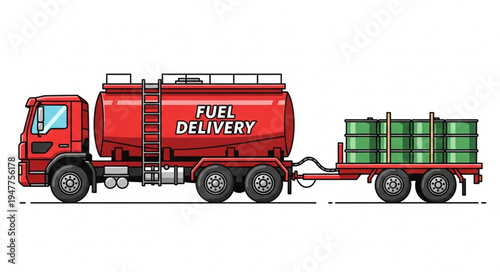 Red Fuel Truck Transporting Barrels.