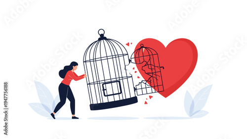 Strong woman pushing a large metal birdcage away from a giant red heart to represent freedom from a restrictive relationship or trap.