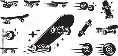 Skateboard icons in motion with dynamic black and white graphics
