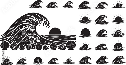 Black and white ocean wave graphics with sun and seashells